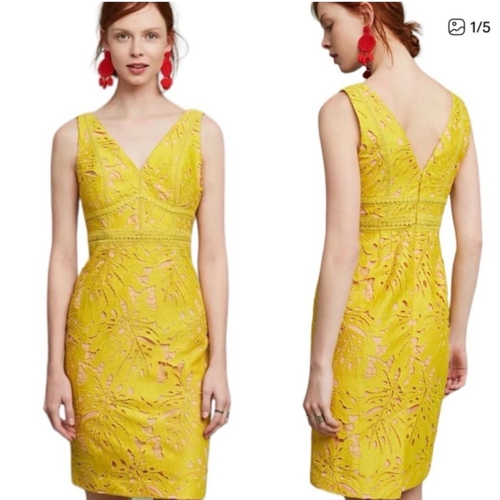 MAEVE Anthropologie Gardenia Lace Column Dress Yellow‎ Pink V-Neck Size 6